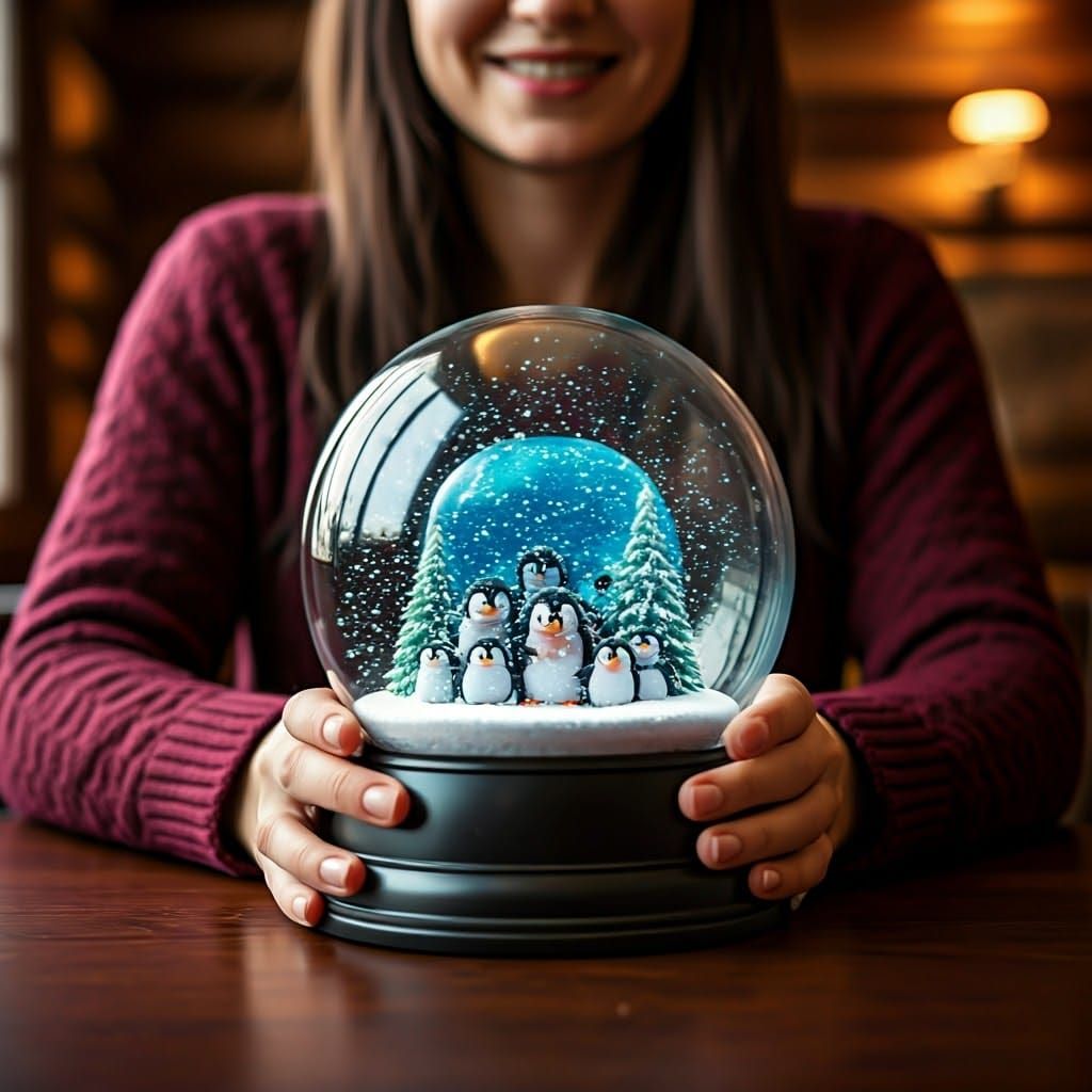 A Joyful Woman Holds a Snow Globe with Winter Wonderland