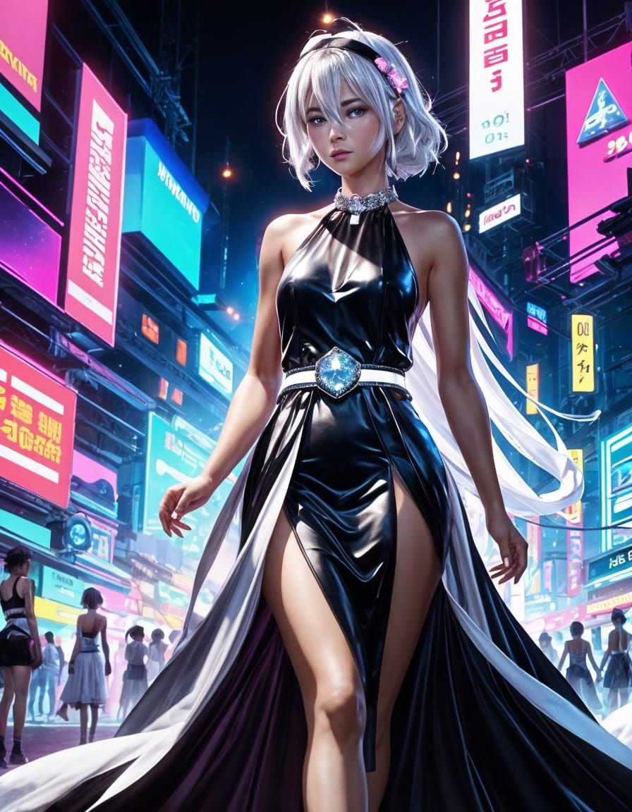 Flowing White Dress in Neon Lights, Anime Art