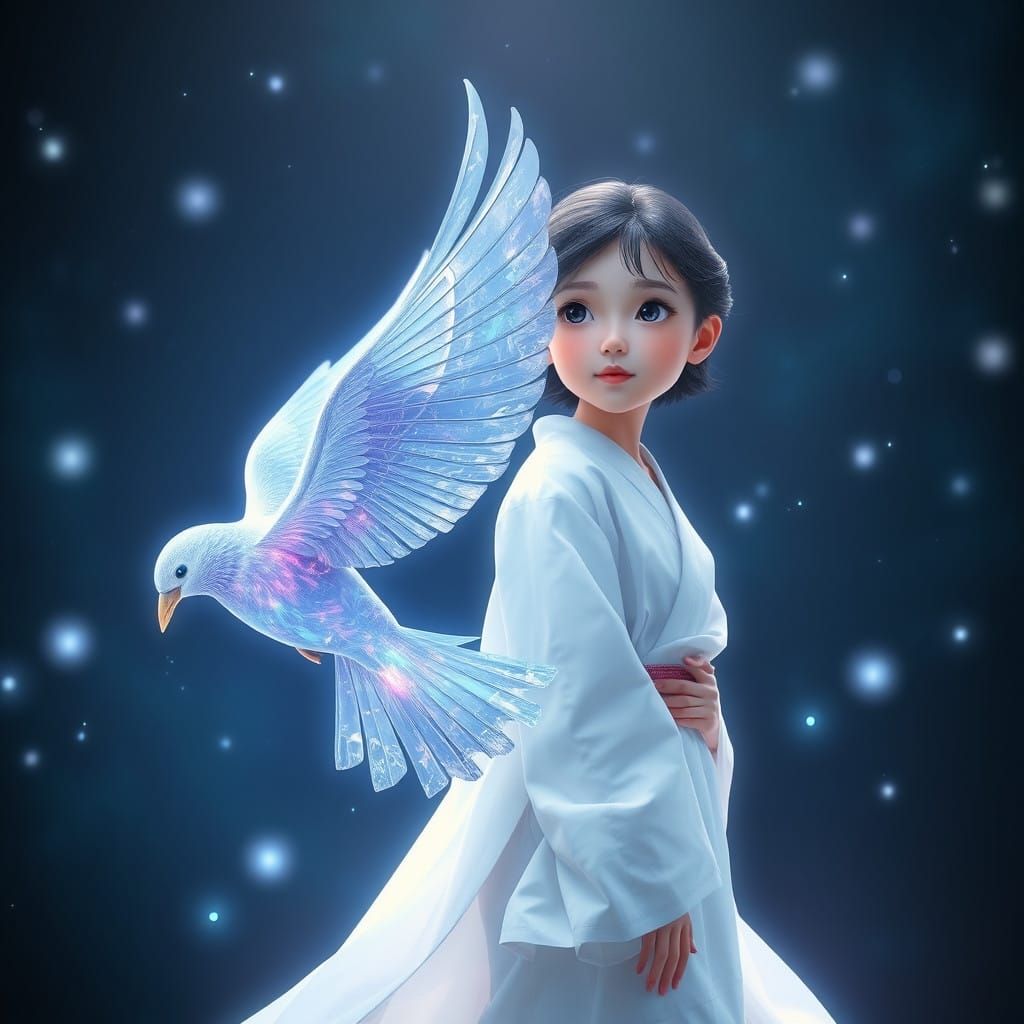 Dreamy Young Girl Walks with Iridescent Bird Amidst Fractal....