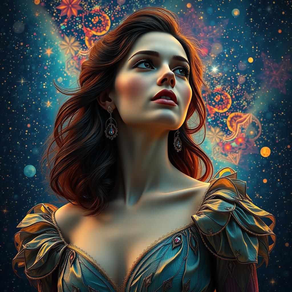 Cosmic Gown: A Stargazing Portrait in Post-Impressionist Sty...