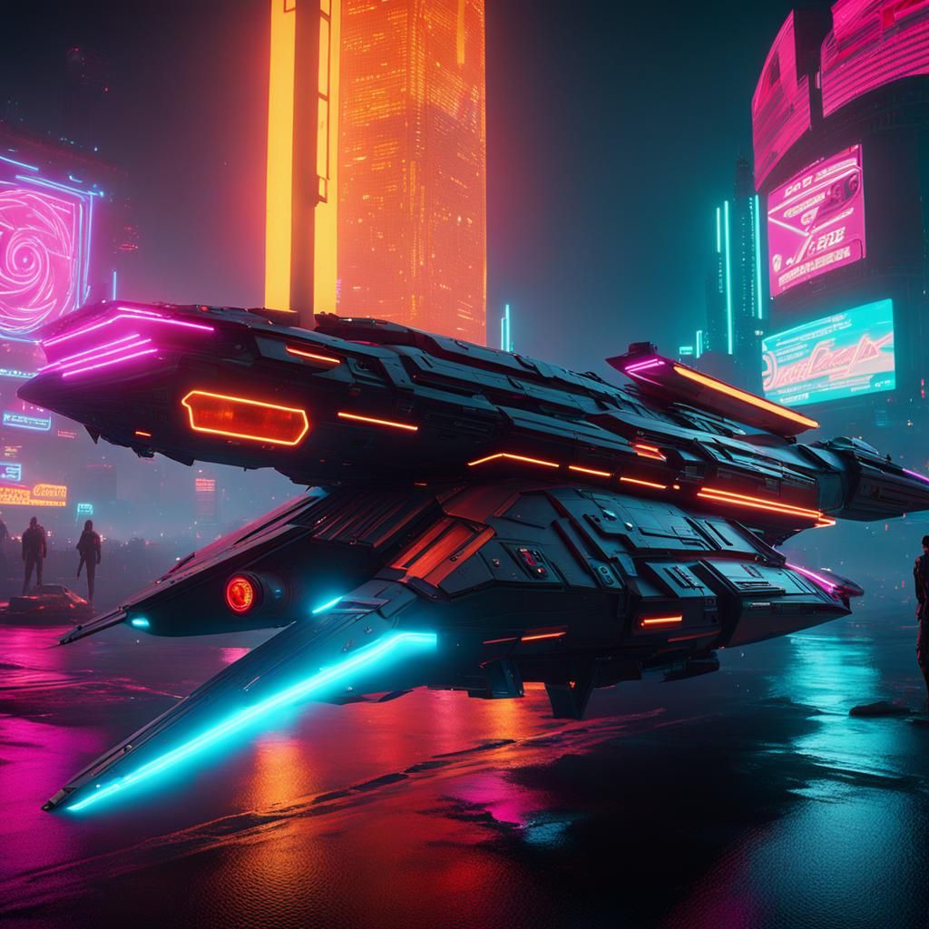 Cyberpunk Spaceship Ascends in Neon Glow