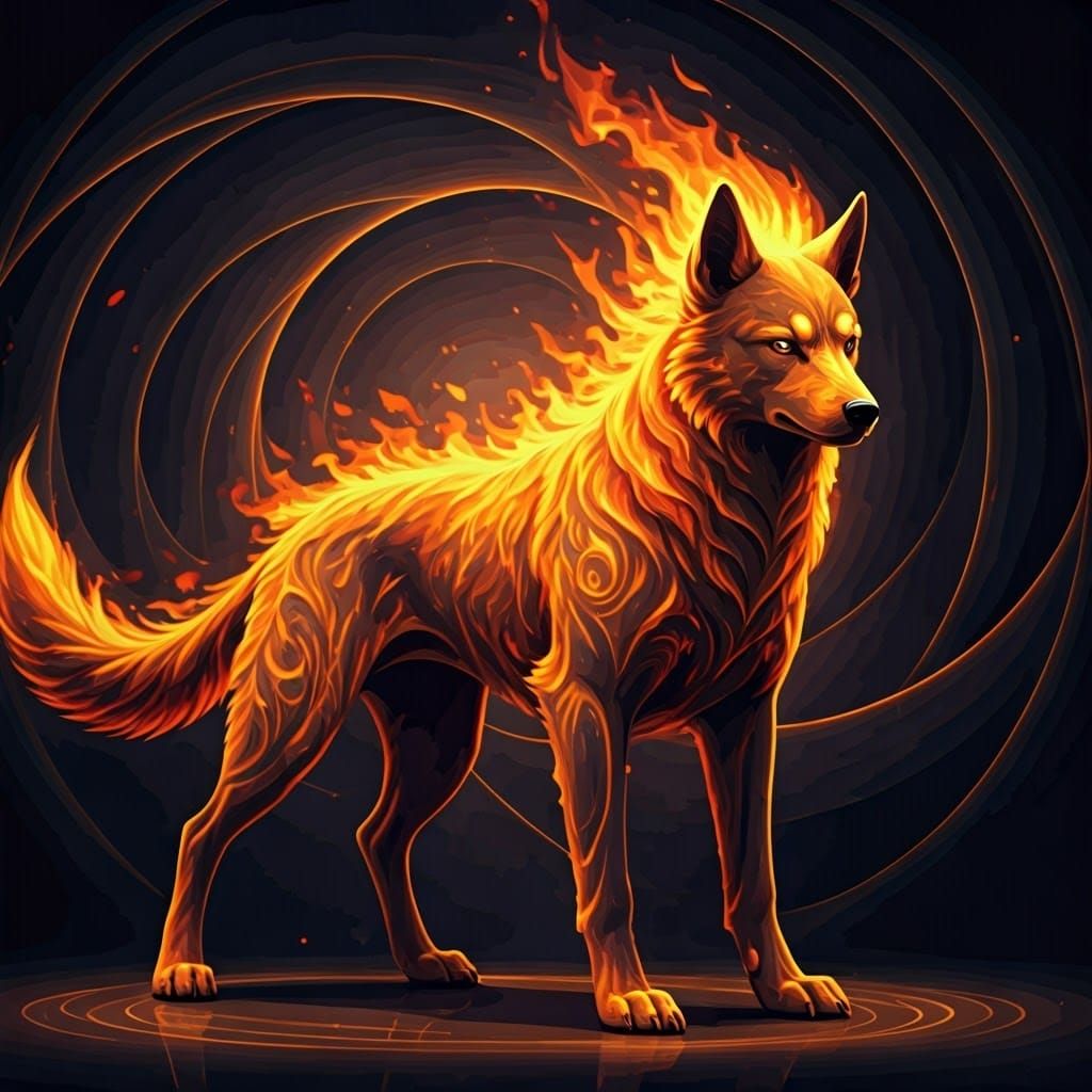 Fiery Canine with Abstract Fractal Background