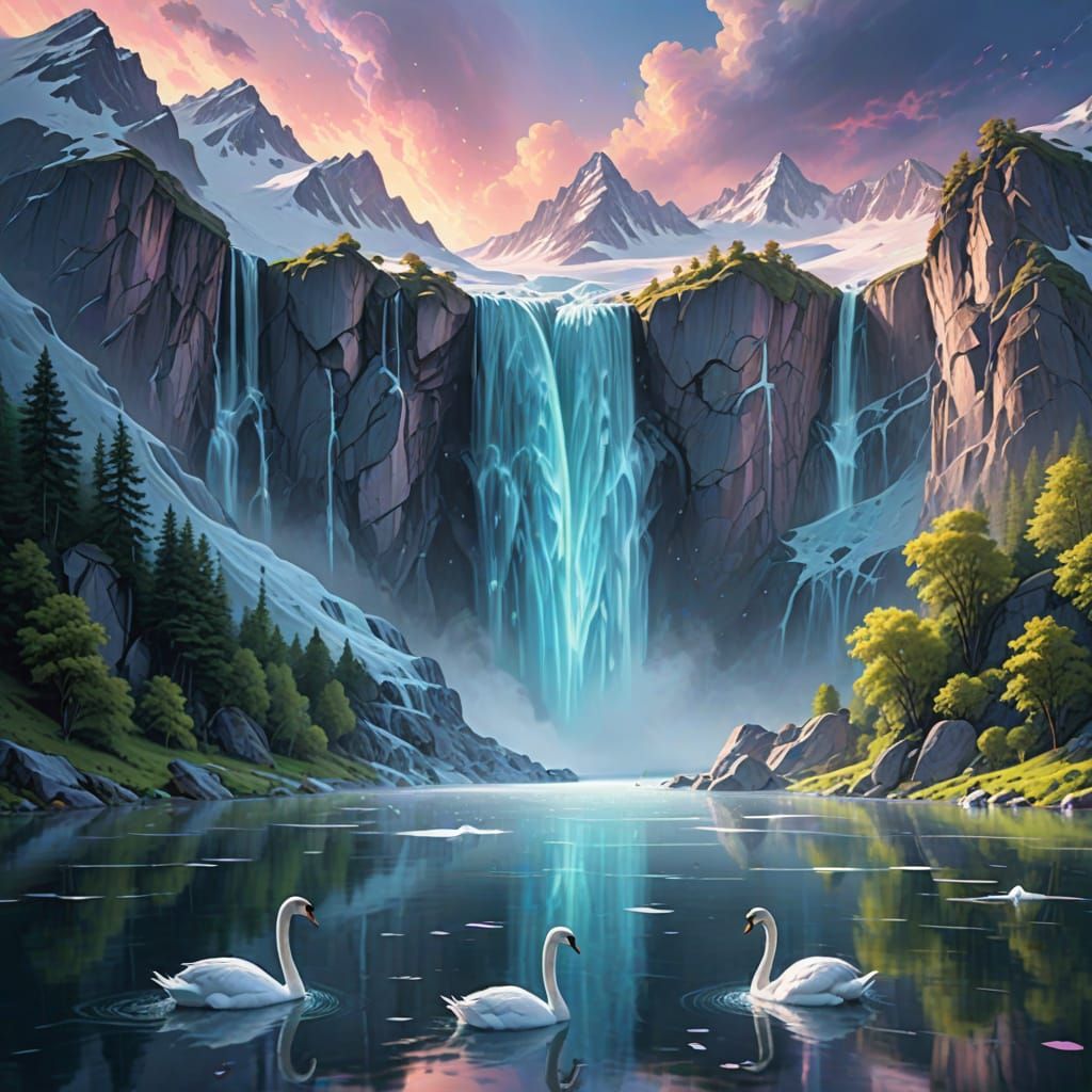 Serene Swans Reflecting Fluorescent Waterfall in Oil Paintin...