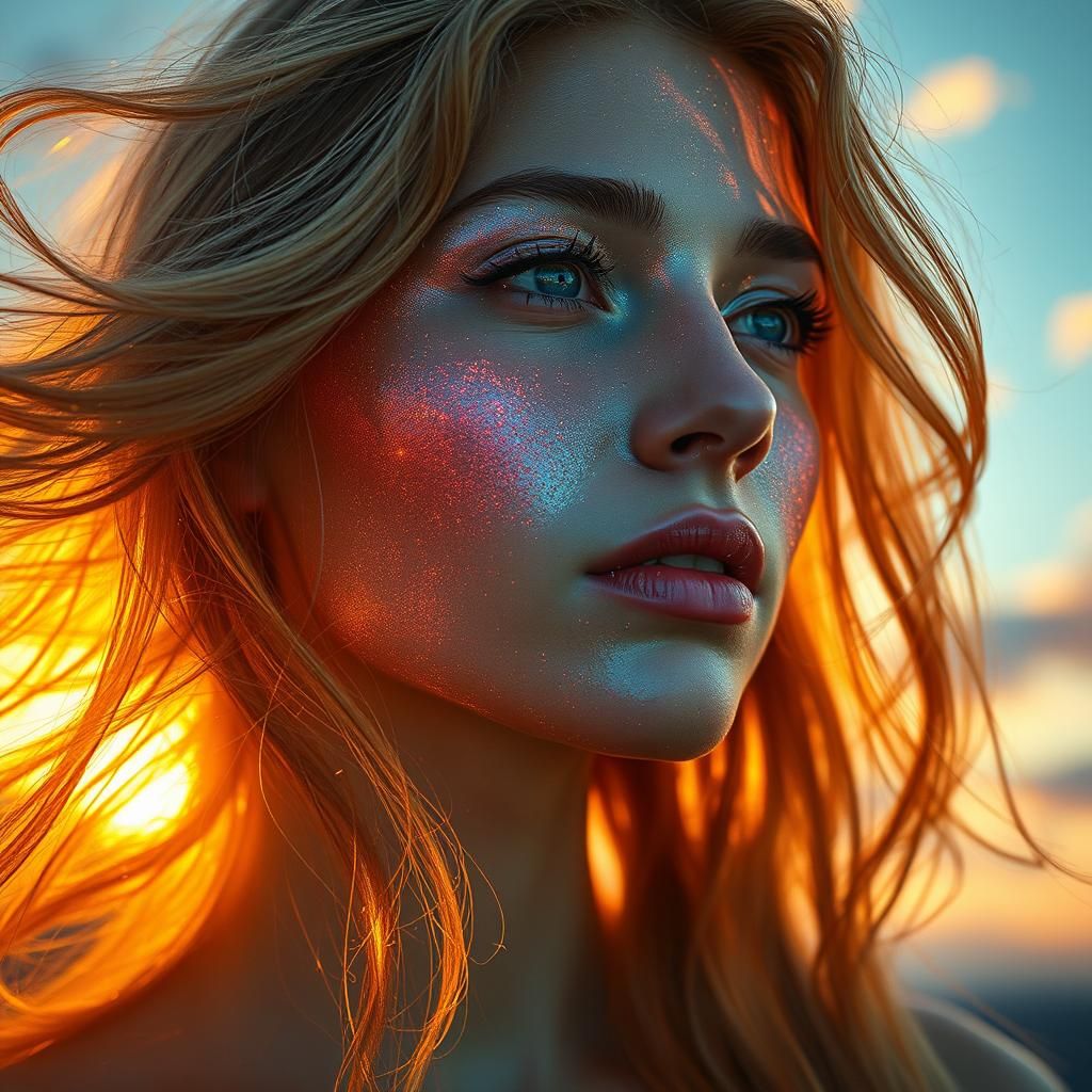 Woman with Iridescent Skin in Hyperrealistic Style