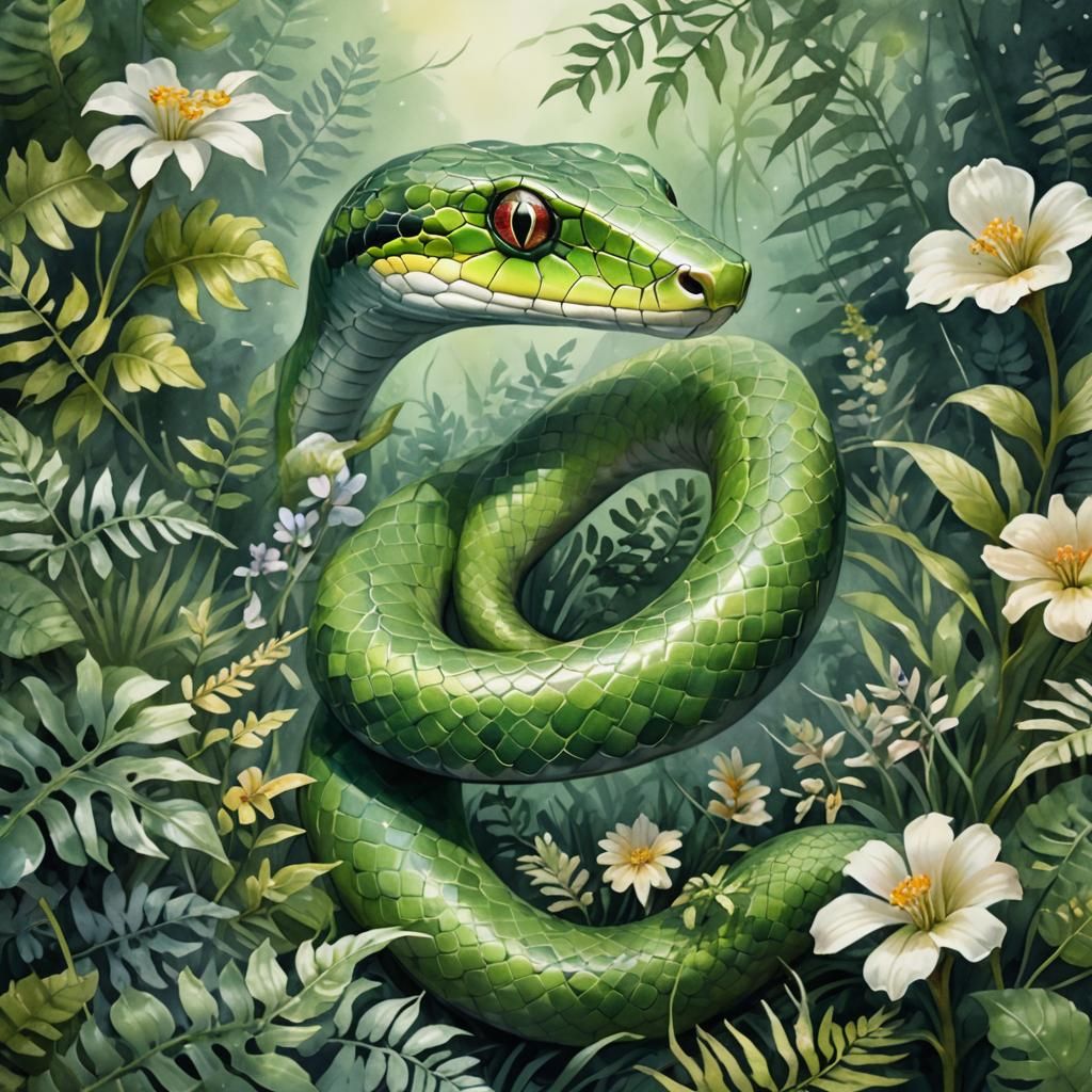 Serene Green Snake in Impressionist Watercolor