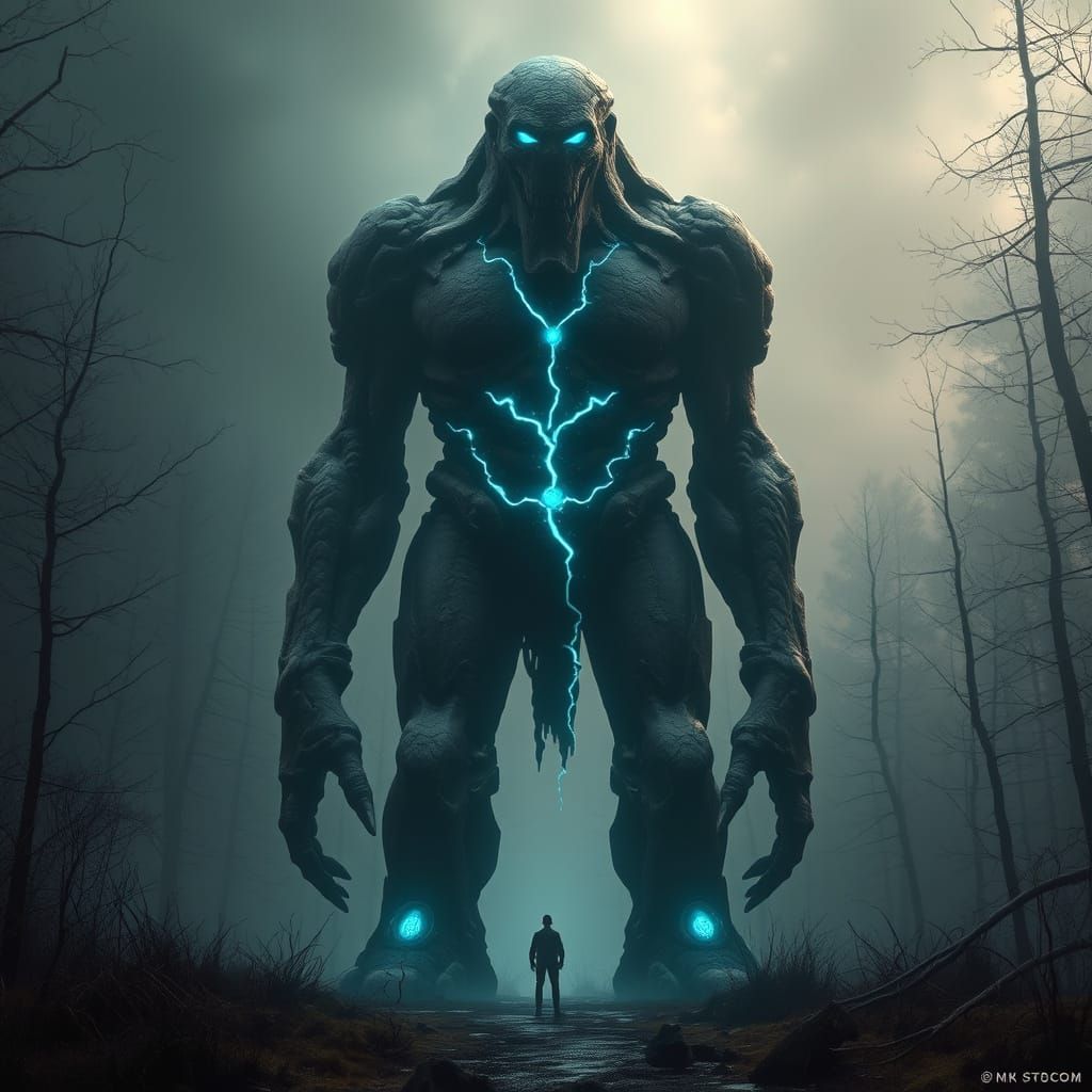 Mystical Golem in a Dark, Atmospheric Forest