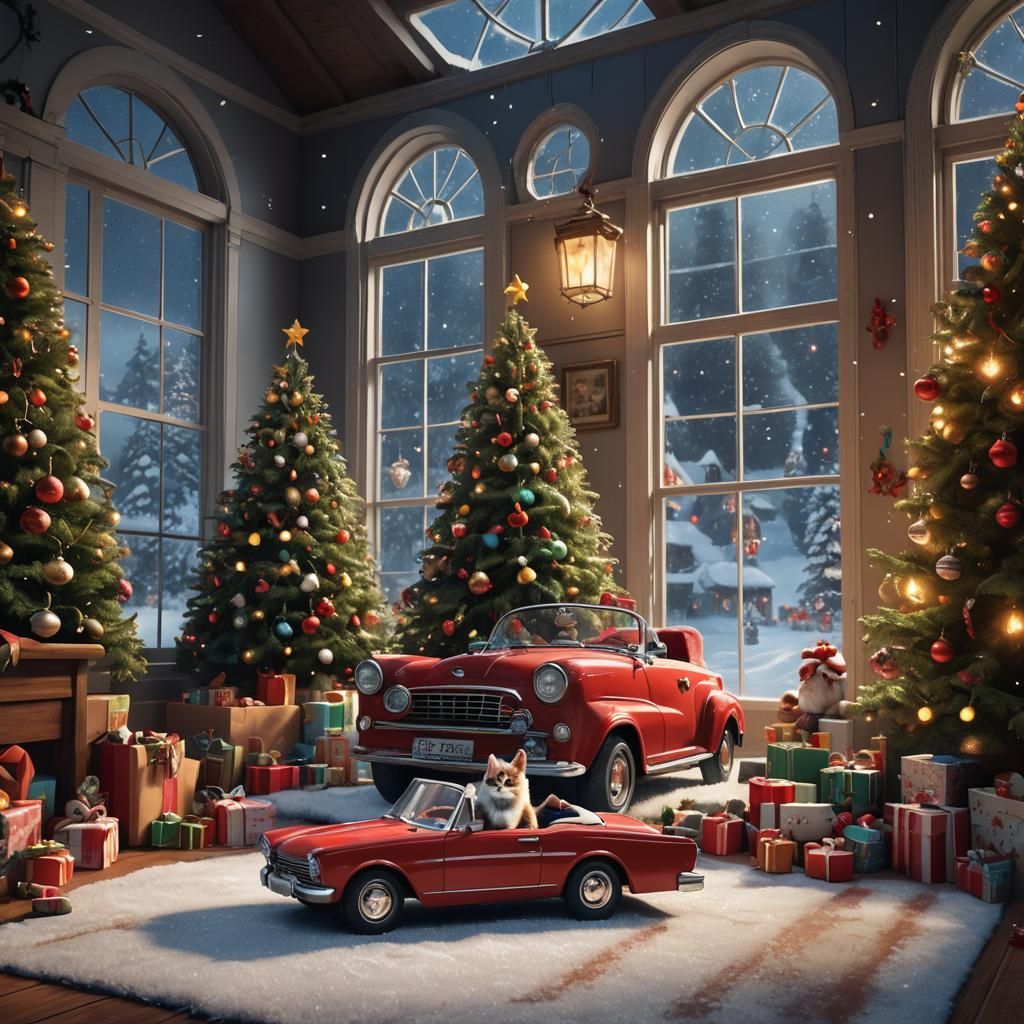 Cat Drives Toy Car as Santa Runs