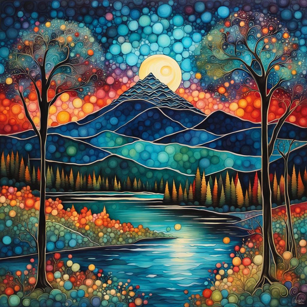 Moonlit Mountain Heights in Impasto Alcohol Ink Style