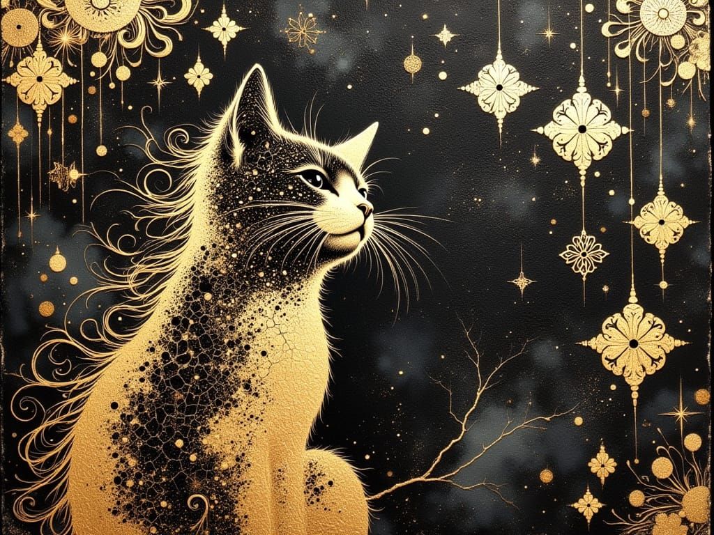 Elegant Cat in Gold Filigree, Art Nouveau Style