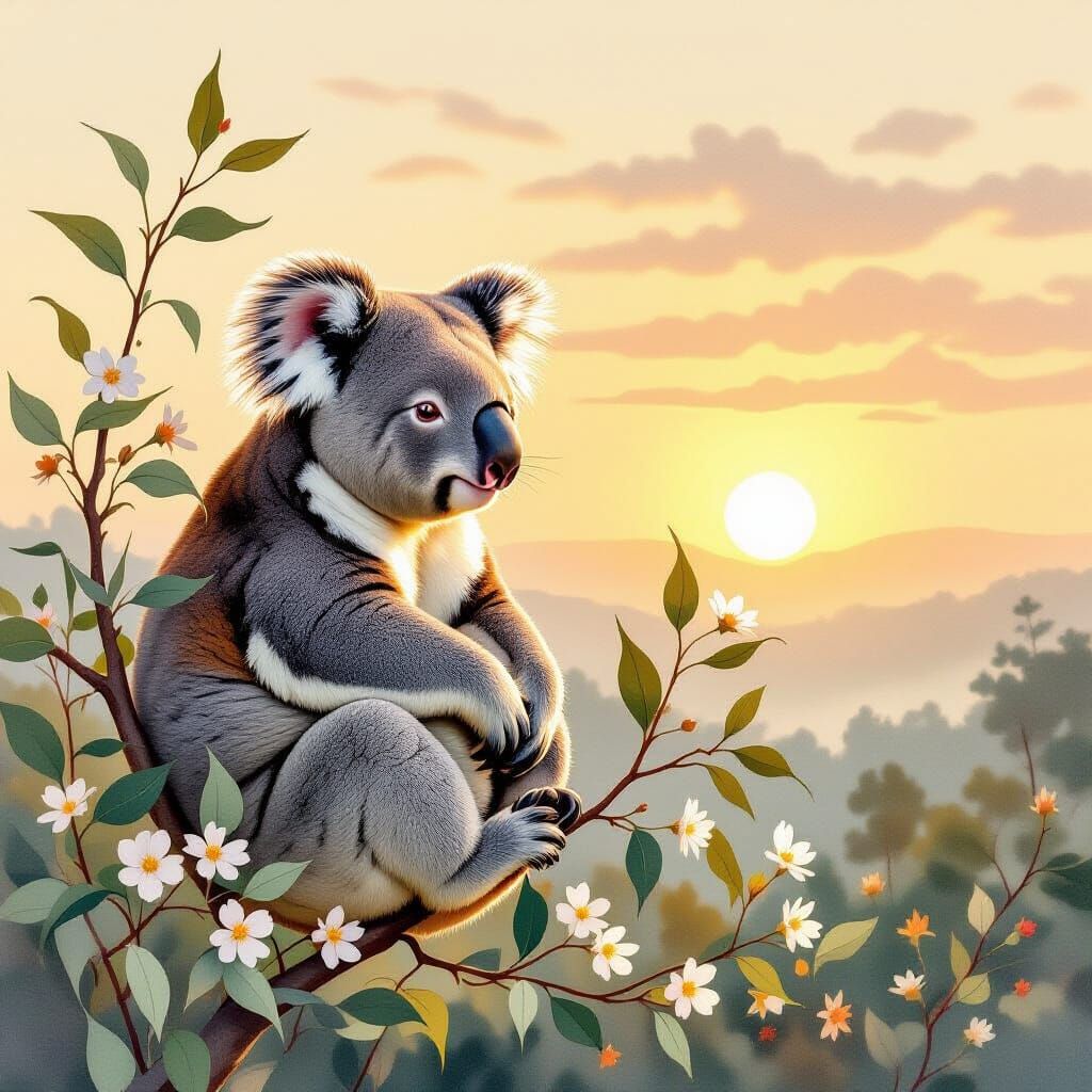 Serene Koala on Eucalyptus Branch at Sunset