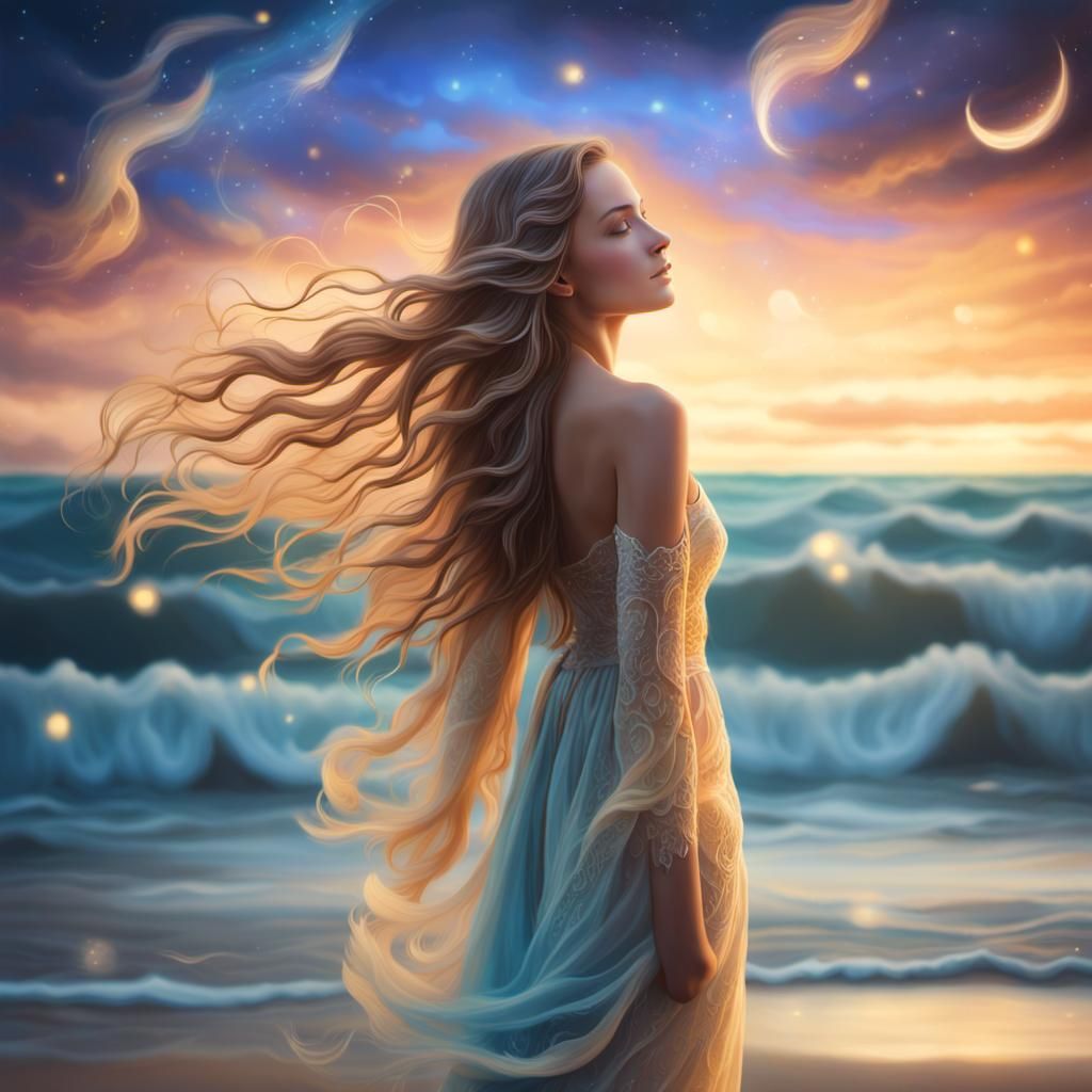 Bioluminescent Woman Under Cosmic Sky in Fantasy Art