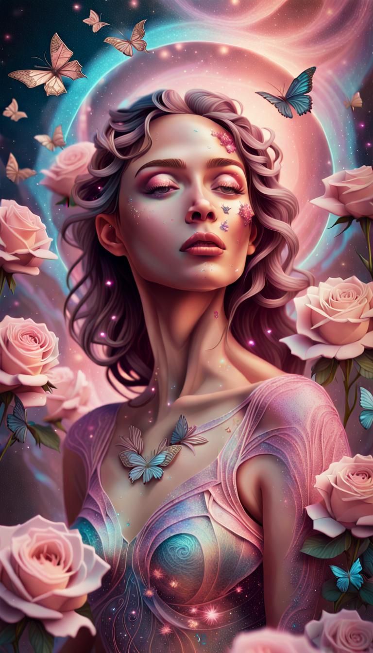 Woman Surrounded by Roses in Holographic Cosmic Art