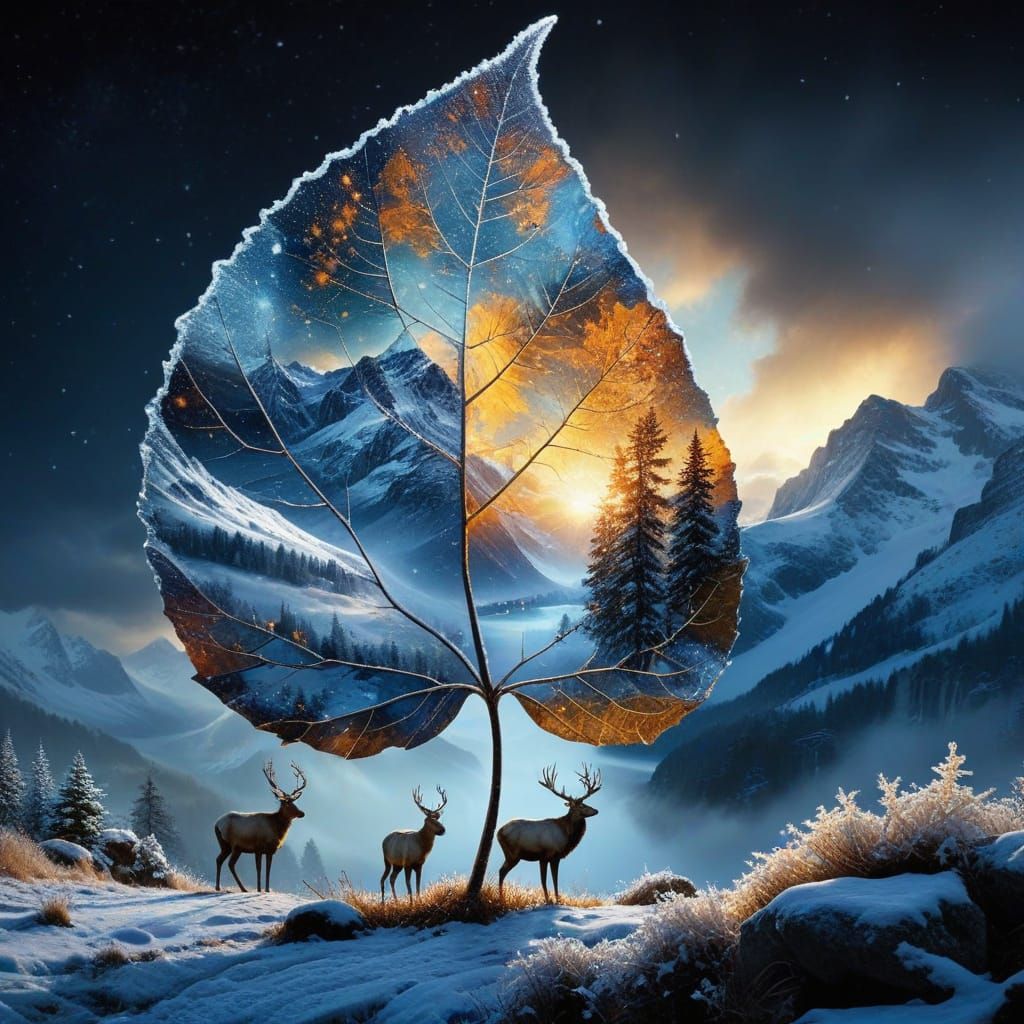 Enchanted Winter Wonderland in a Golden Frost Leaf