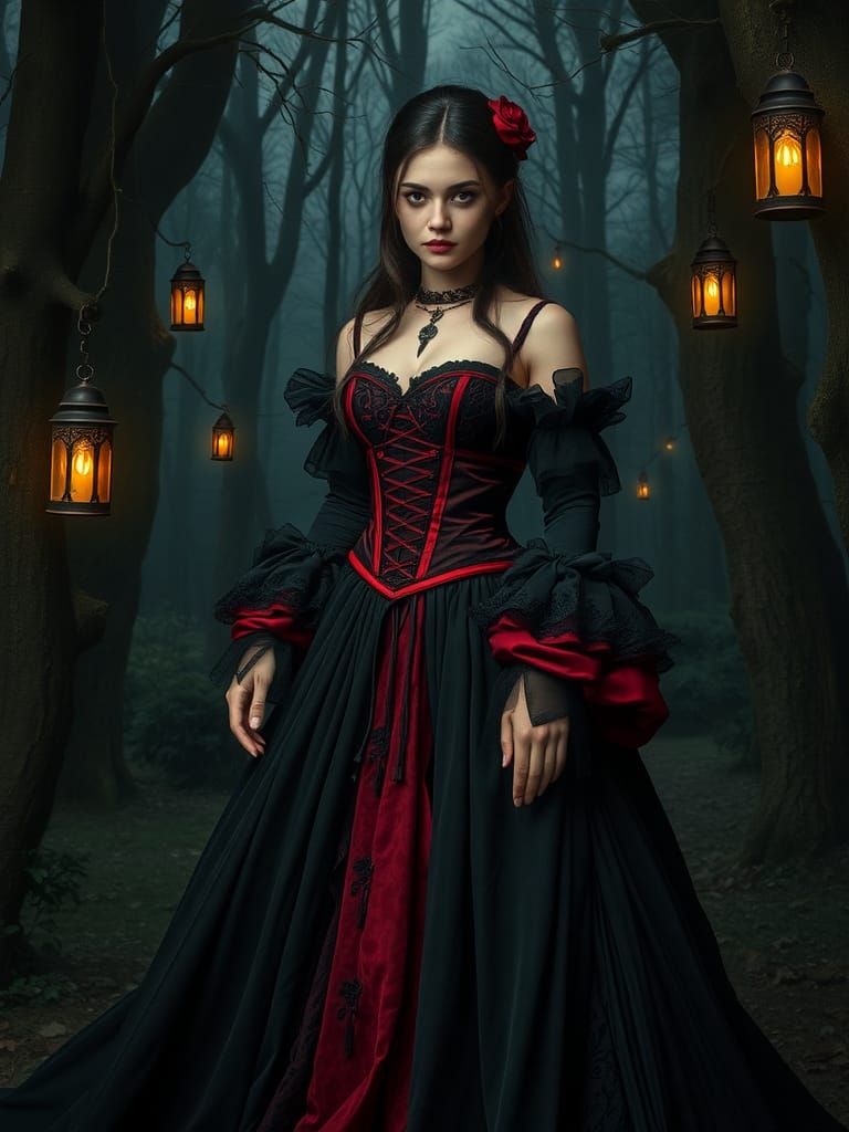 Gothic Maiden in Twilight Forest, Dark Surrealism