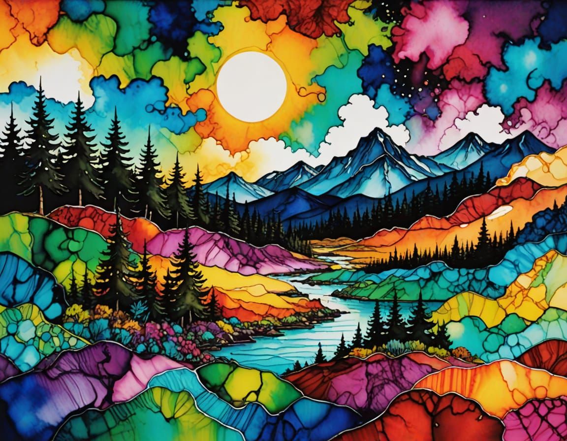 Vibrant Absurd Landscape in Alcohol Ink Style