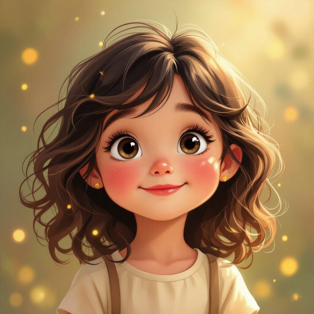 Joyful Girl with Wavy Hair in Illustrative Style