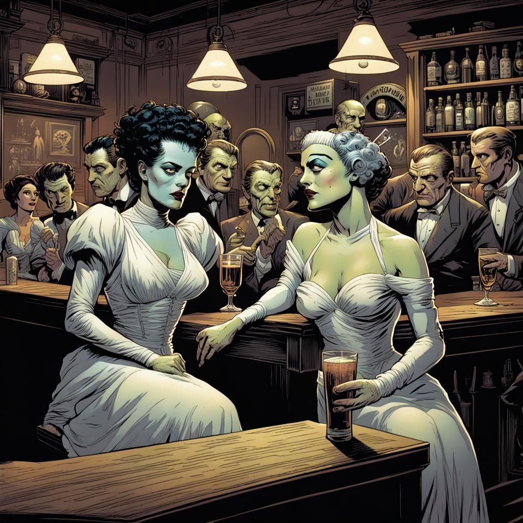 Bride of Frankenstein at a Bar, Comic Book Art