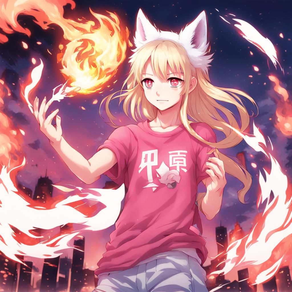 Anime Girl with Fox Ears Holding Fire