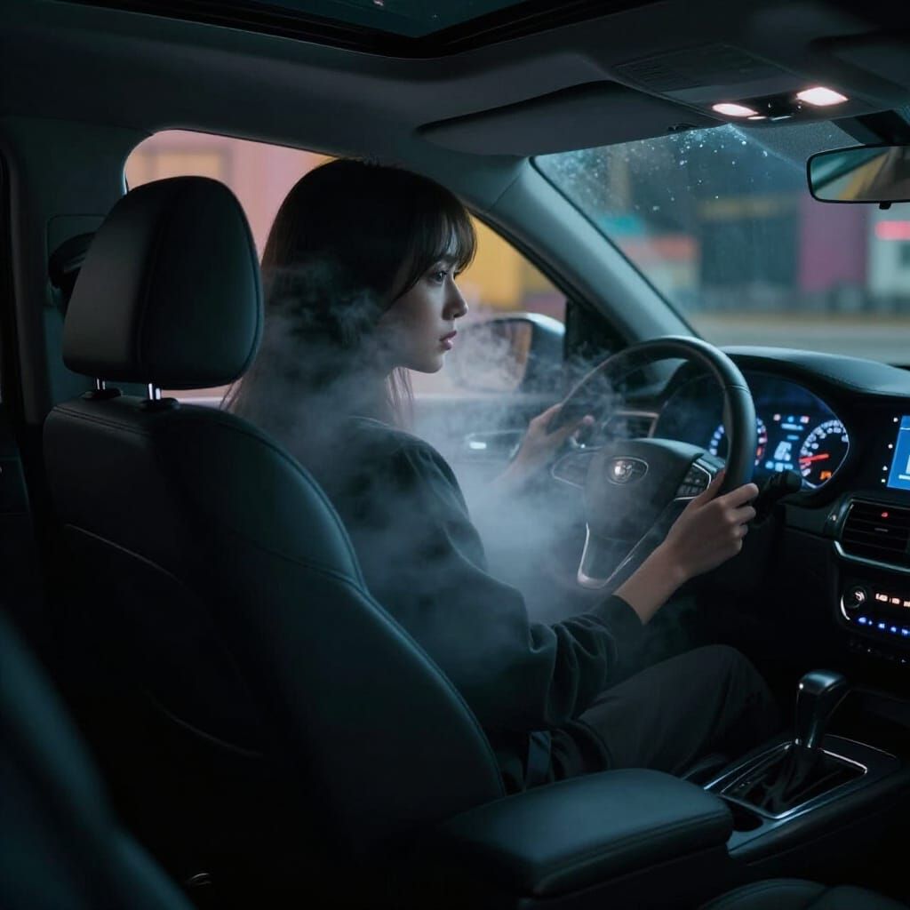 Empty Car Seat at Night with Eerie Mist