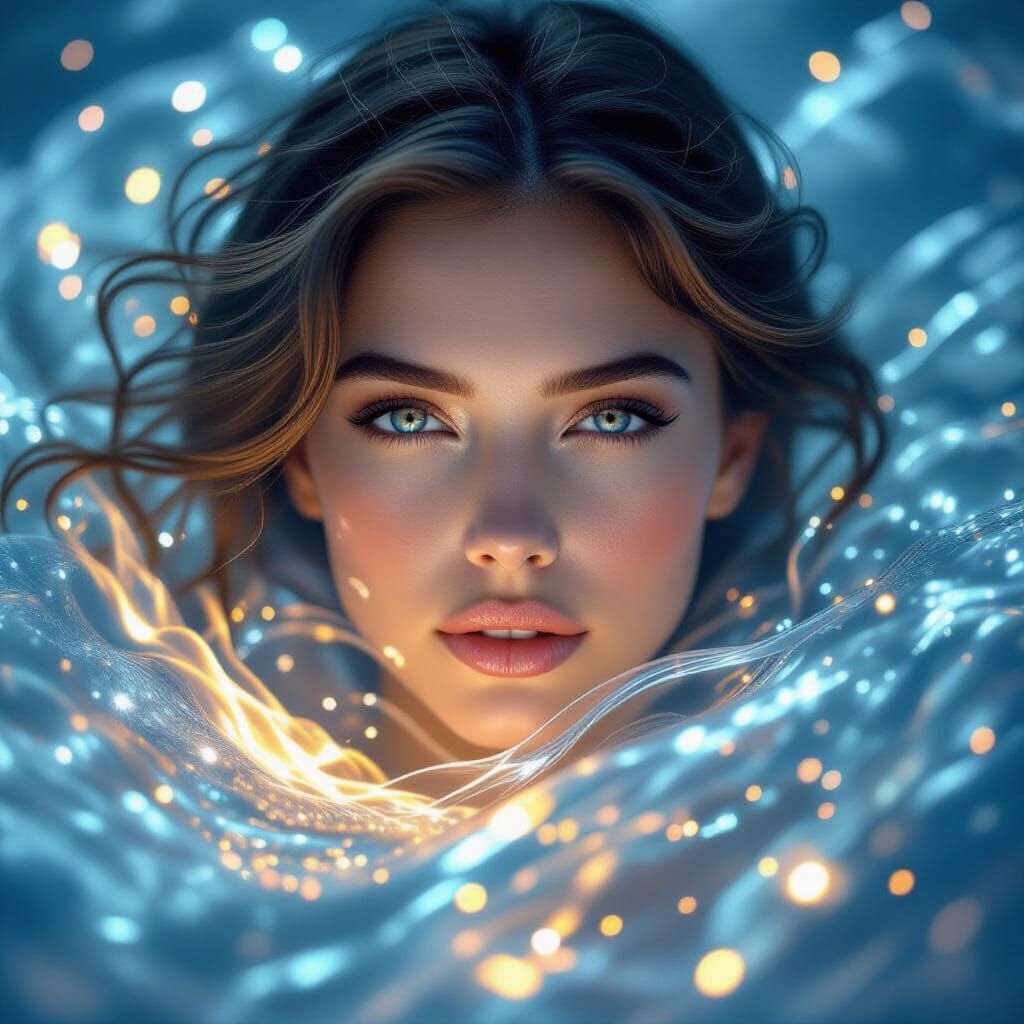 Serene Face Amidst Luminous Light and Elemental Ribbons