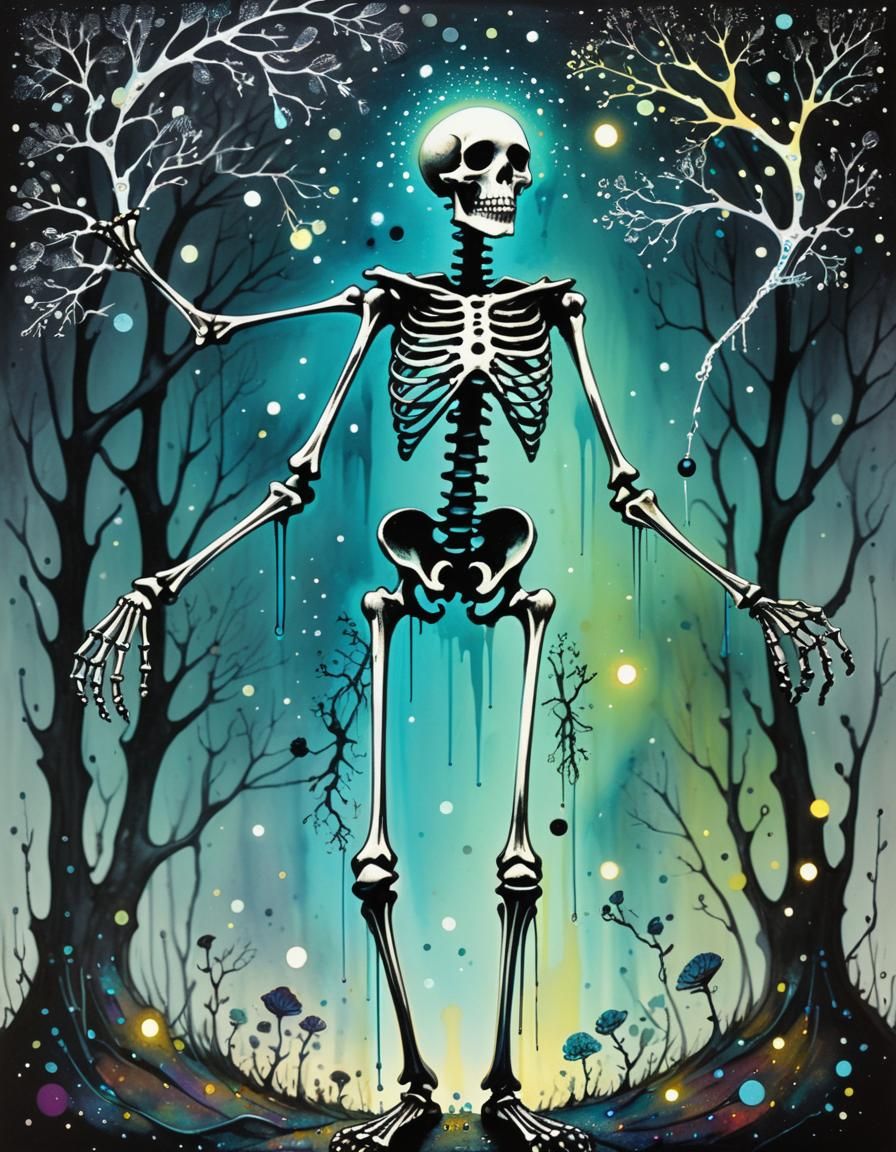 Surreal Bioluminescent Skeleton in Pointillism Style