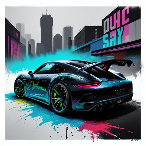 Futuristic Porsche Graffiti Art: Colorful Street Scene