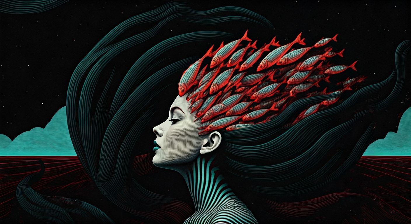 Woman's Head Transforms Into Fish Flock in Paradoxical Struc...