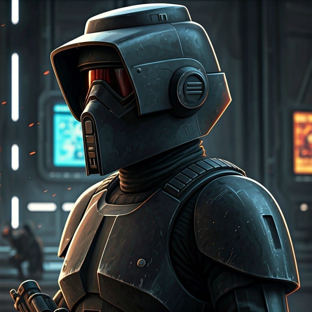 Hyper-Realistic Scout Trooper Commando in a Sci-Fi Spaceport