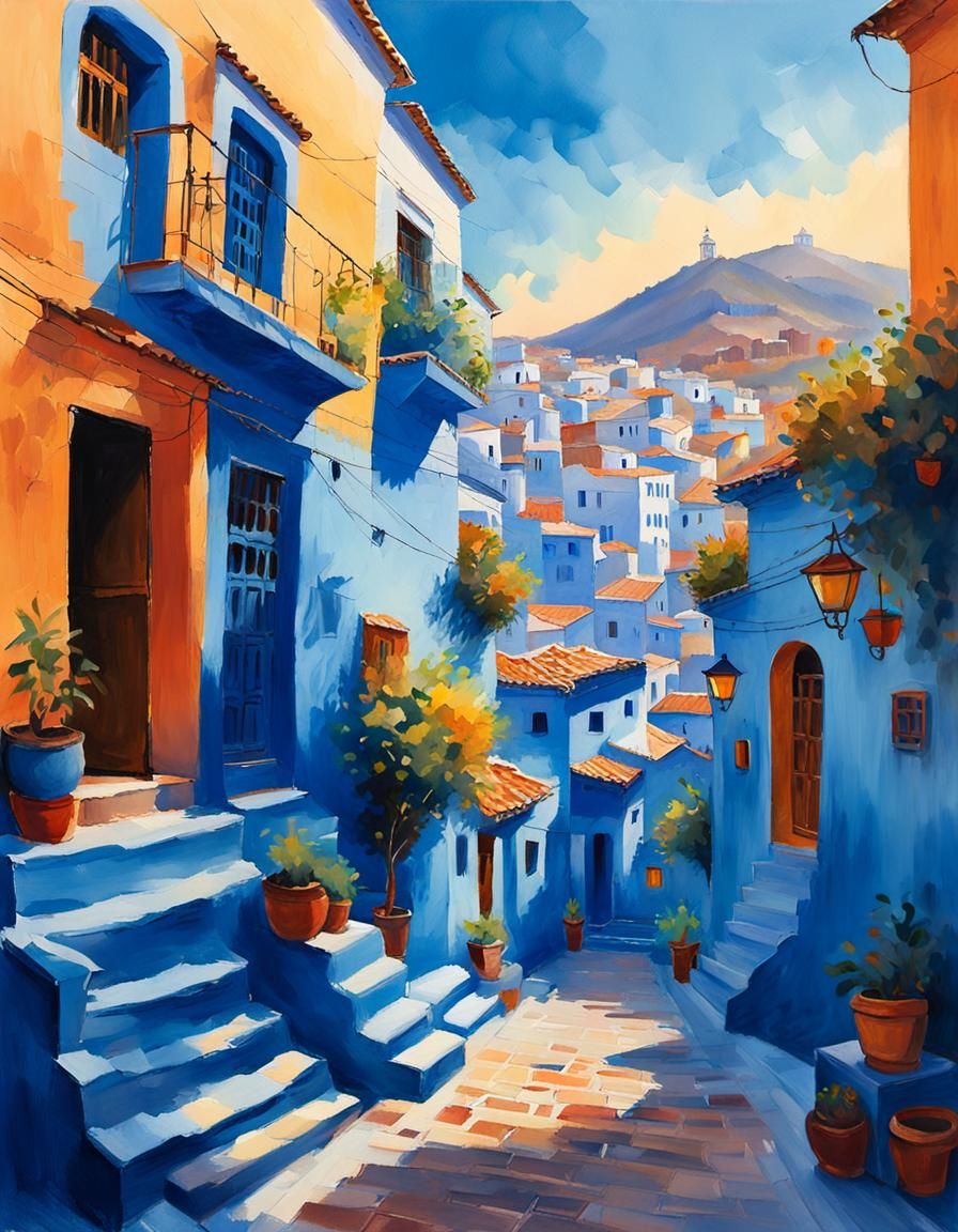 Chefchaouen Morocco Sunset in Gouache Style
