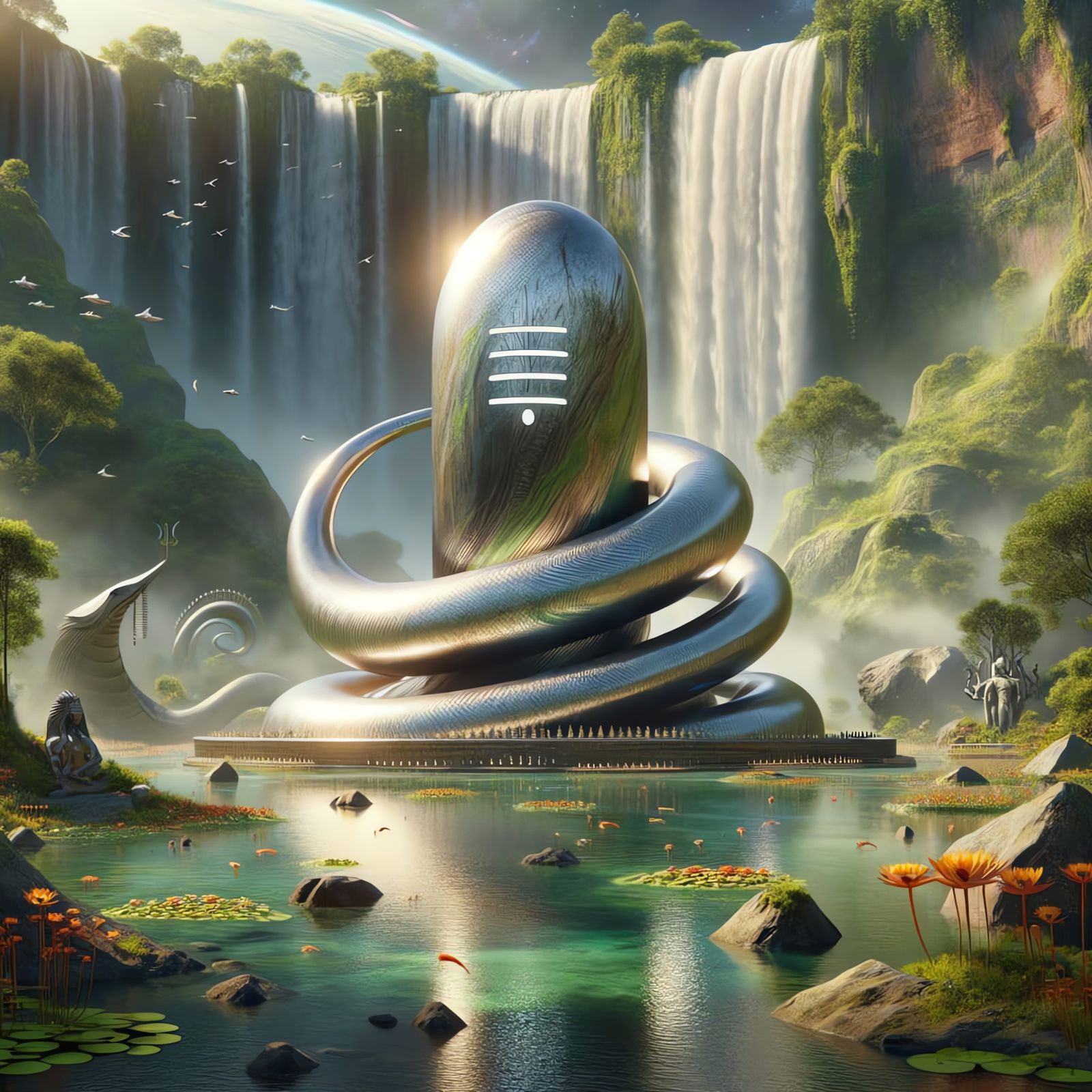 Cyberpunk Shiva Lingam Sculpture Under Alien Waterfall