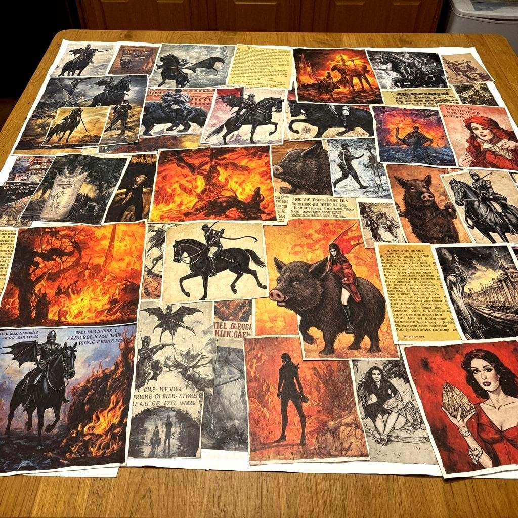 Mythic Collage on Kitchen Table in Multicolor