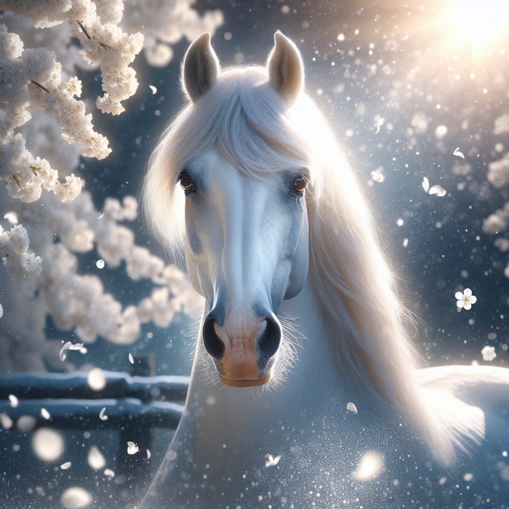 Headshot A beautiful white horse. Seen though falling white ...