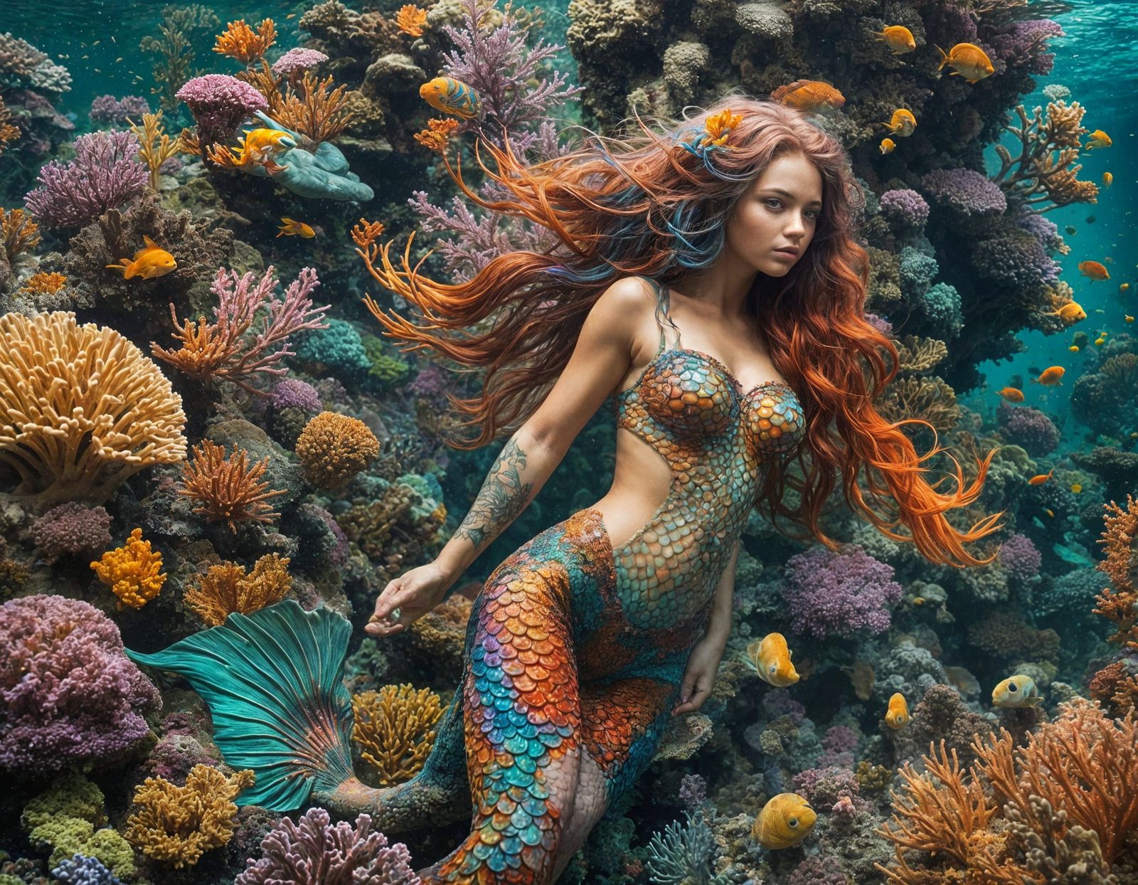Underwater Mermaid Blends with Coral Reef
