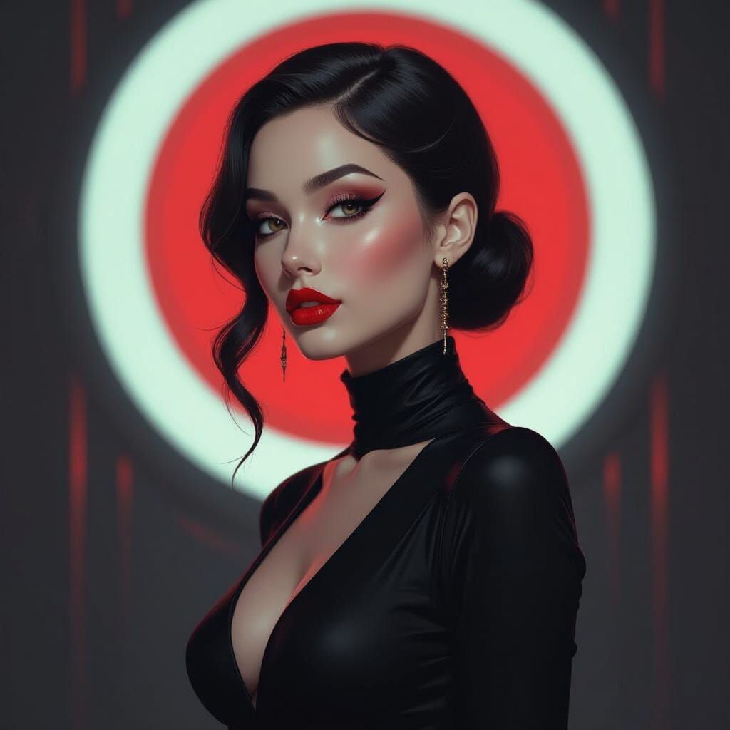 Elegant Noir: Woman with Red Lips in Futuristic Style