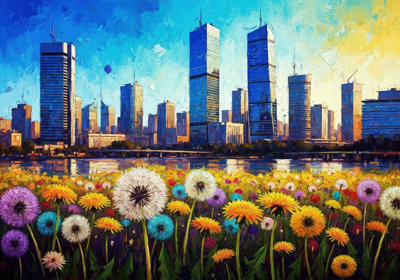 Vibrant Abstract Cityscape with Dandelions in Psychedelic St...