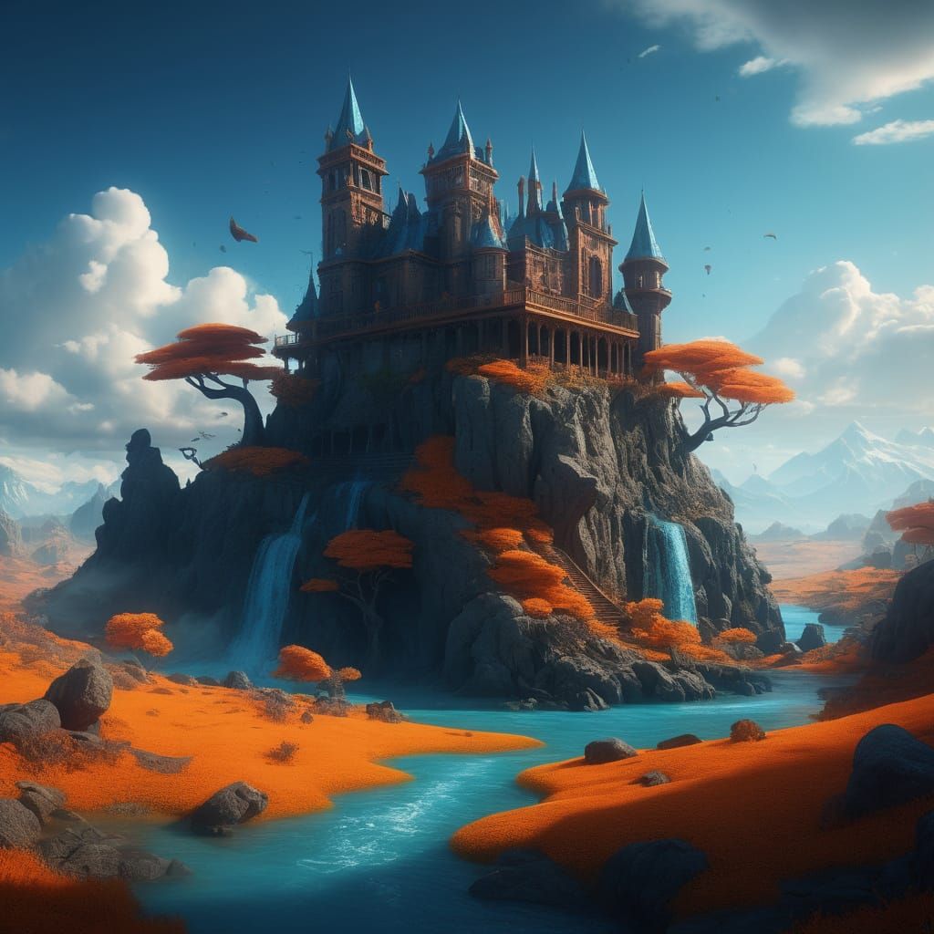 Dreamlike Surreal Landscape in Vibrant Colors and Deep Shado...