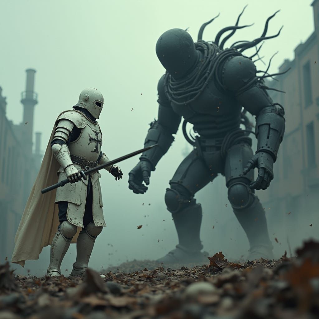 Gritty Knight Battles Dark Golem in Ruined Cityscape