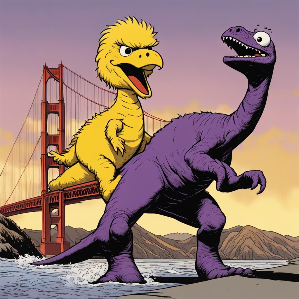 Barney vs. Big Bird on Golden Gate Bridge