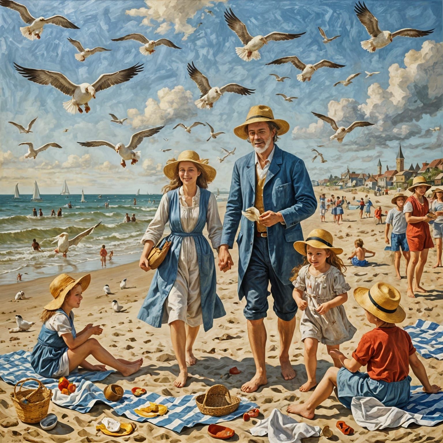Flemish Family at the Beach in Sunset Light