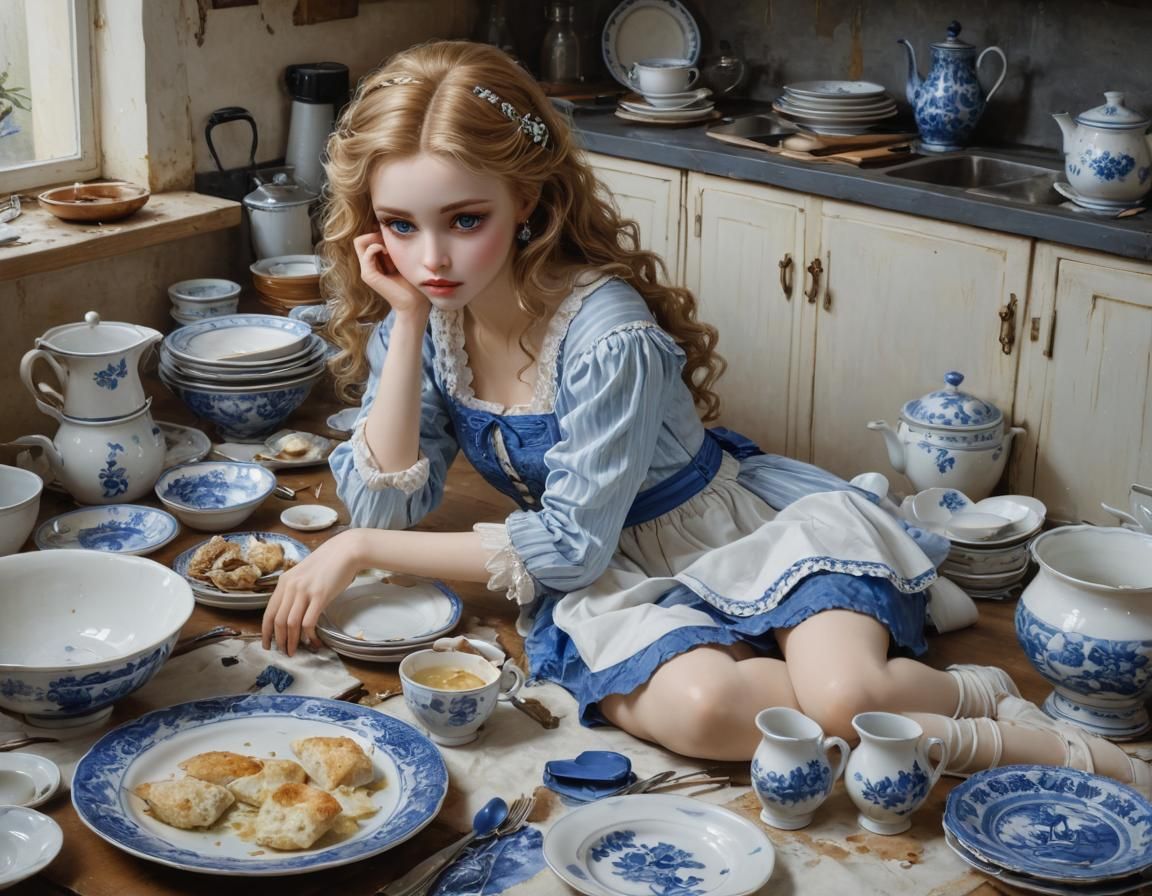 Sad Doll Overwhelmed by Dishes, Delft Blue Style
