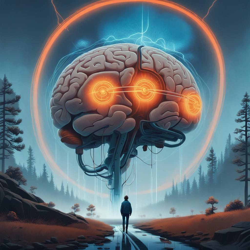 Glowing Brain in Void: Neon Sci-Fi Concept Art