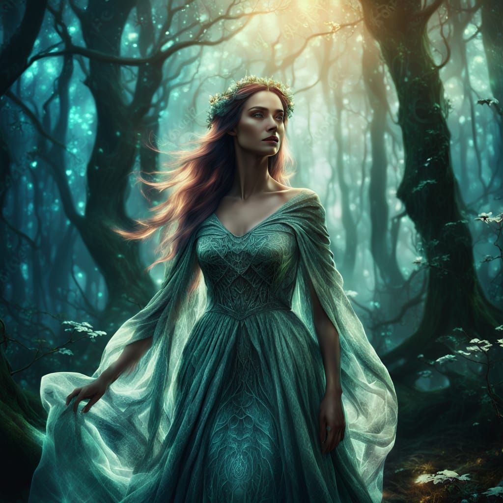 Ethereal Woman in Enchanted Forest Digital Matte Painting