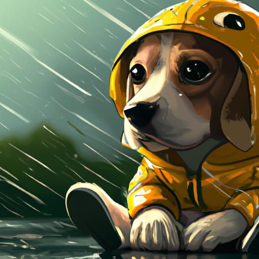Beagle Puppy in Raincoat: Gouache-Style Portrait