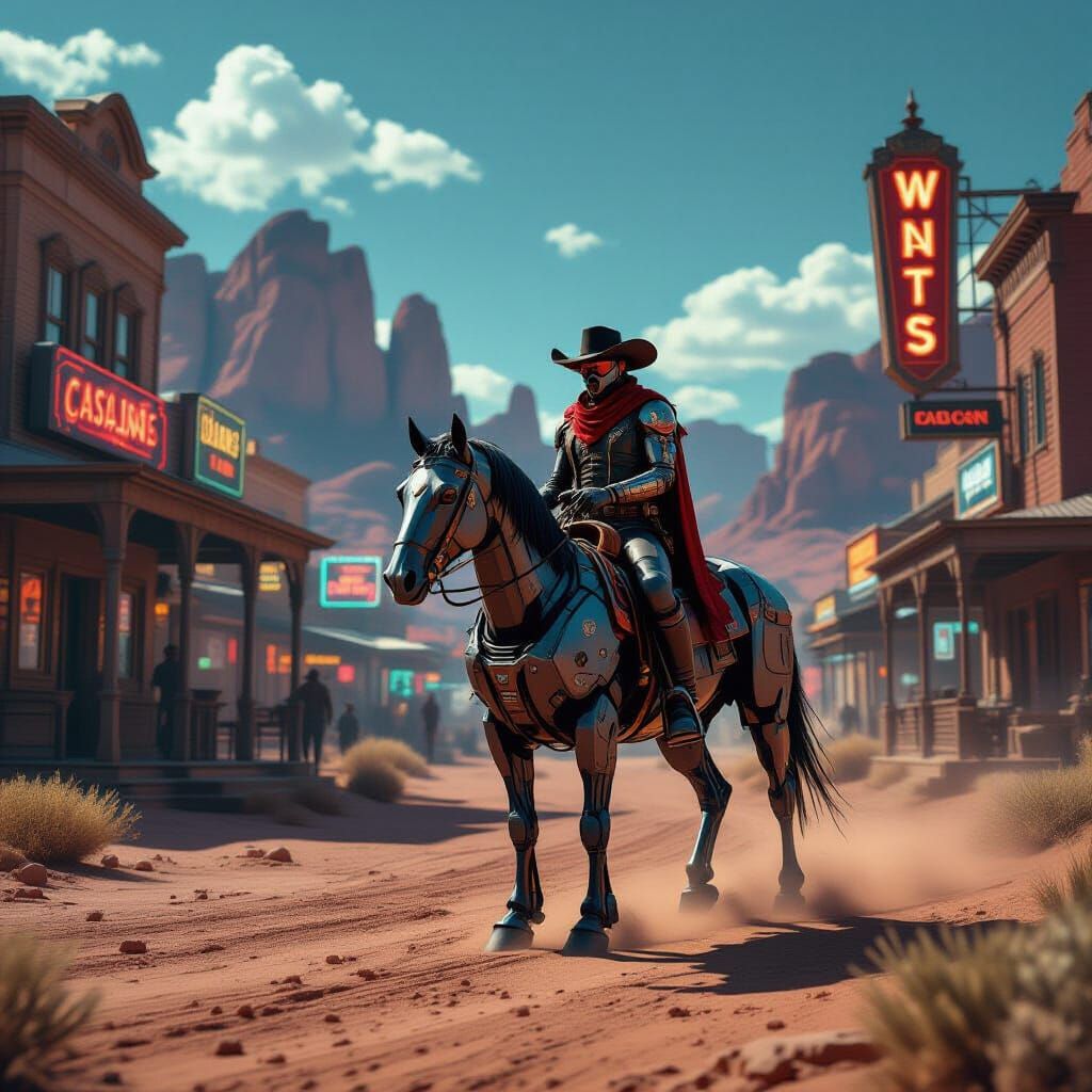 Cyberpunk Gunslinger Rides Robotic Horse in Neon Desert