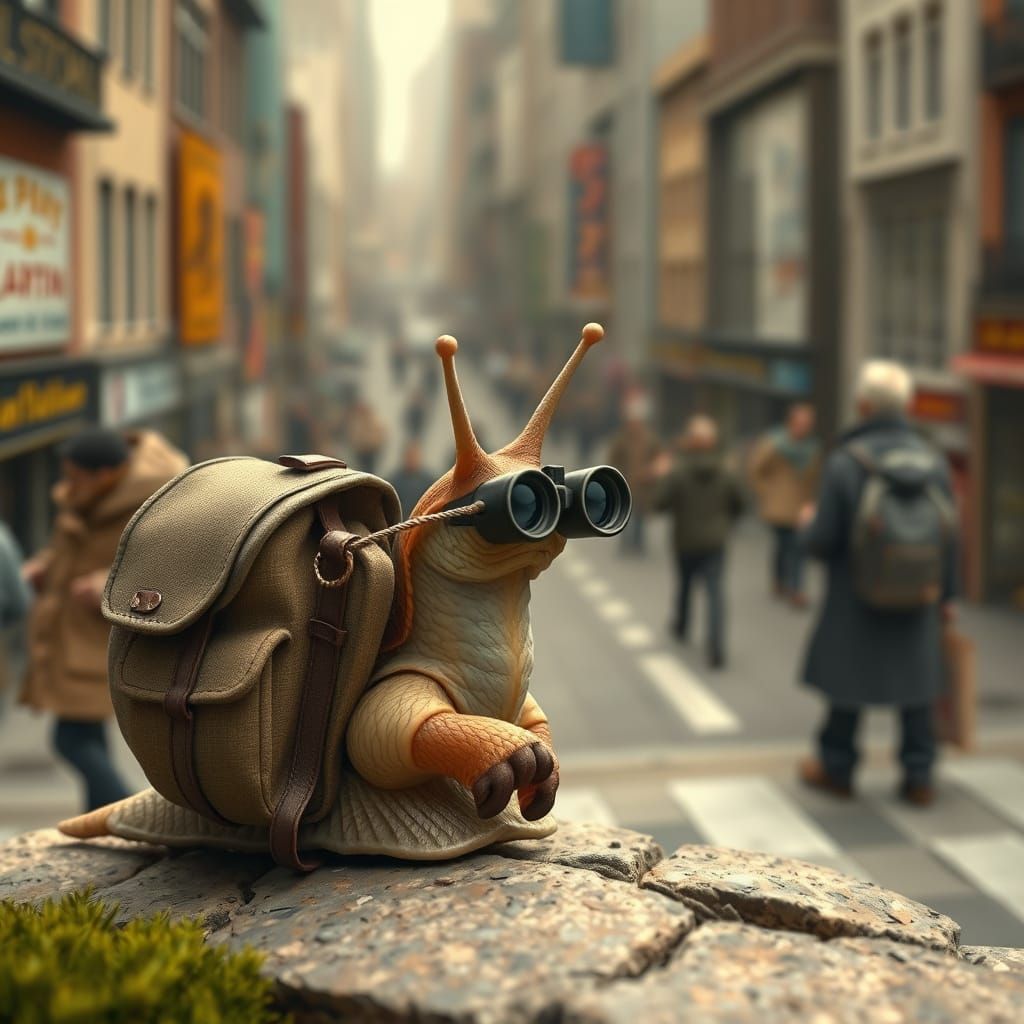 A curious snail watches humans using a tiny pair of binocula...