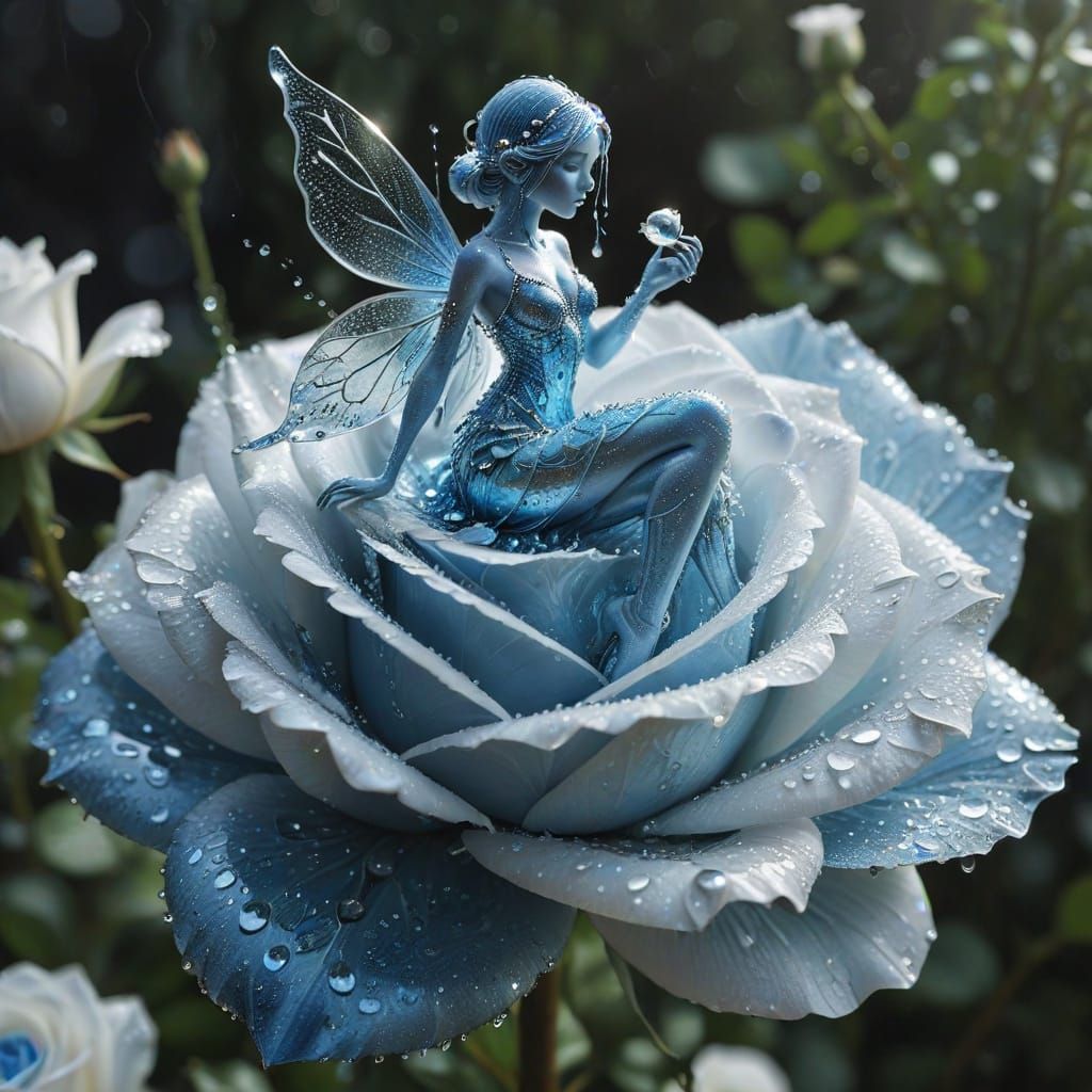 Pale Blue Fairy Made of Dew Drops on White Rose