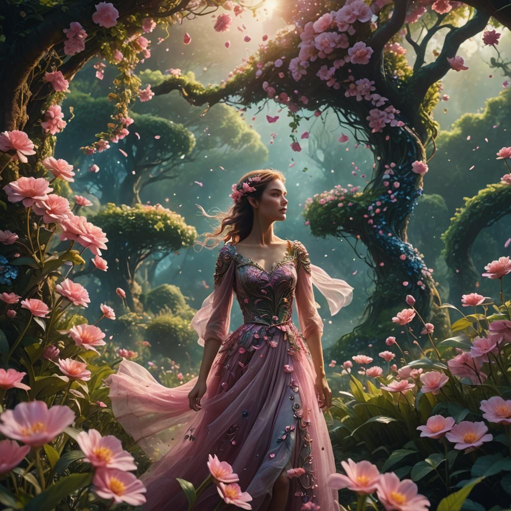 Lush Garden Landscape with Swirling Pink Flowers