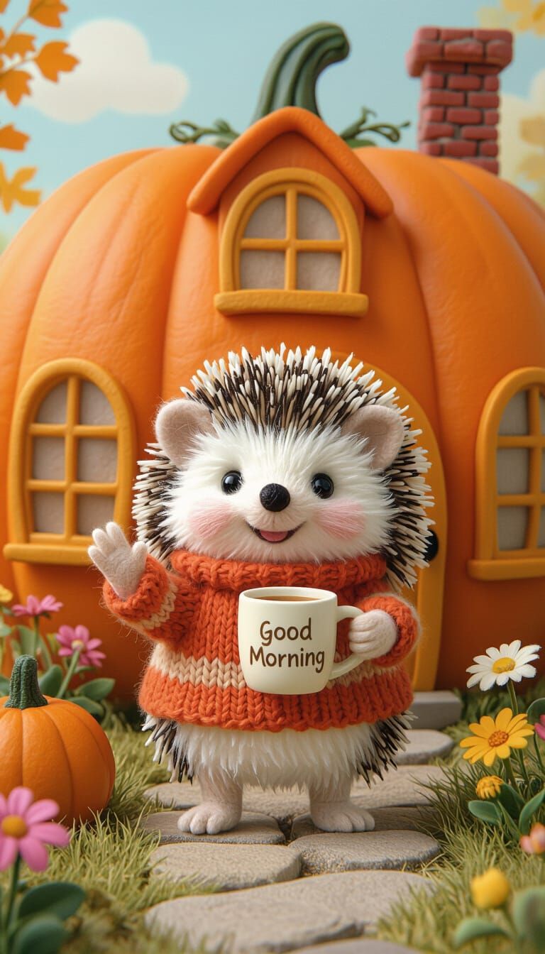 Felted Hedgehog Waving Outside Pumpkin House