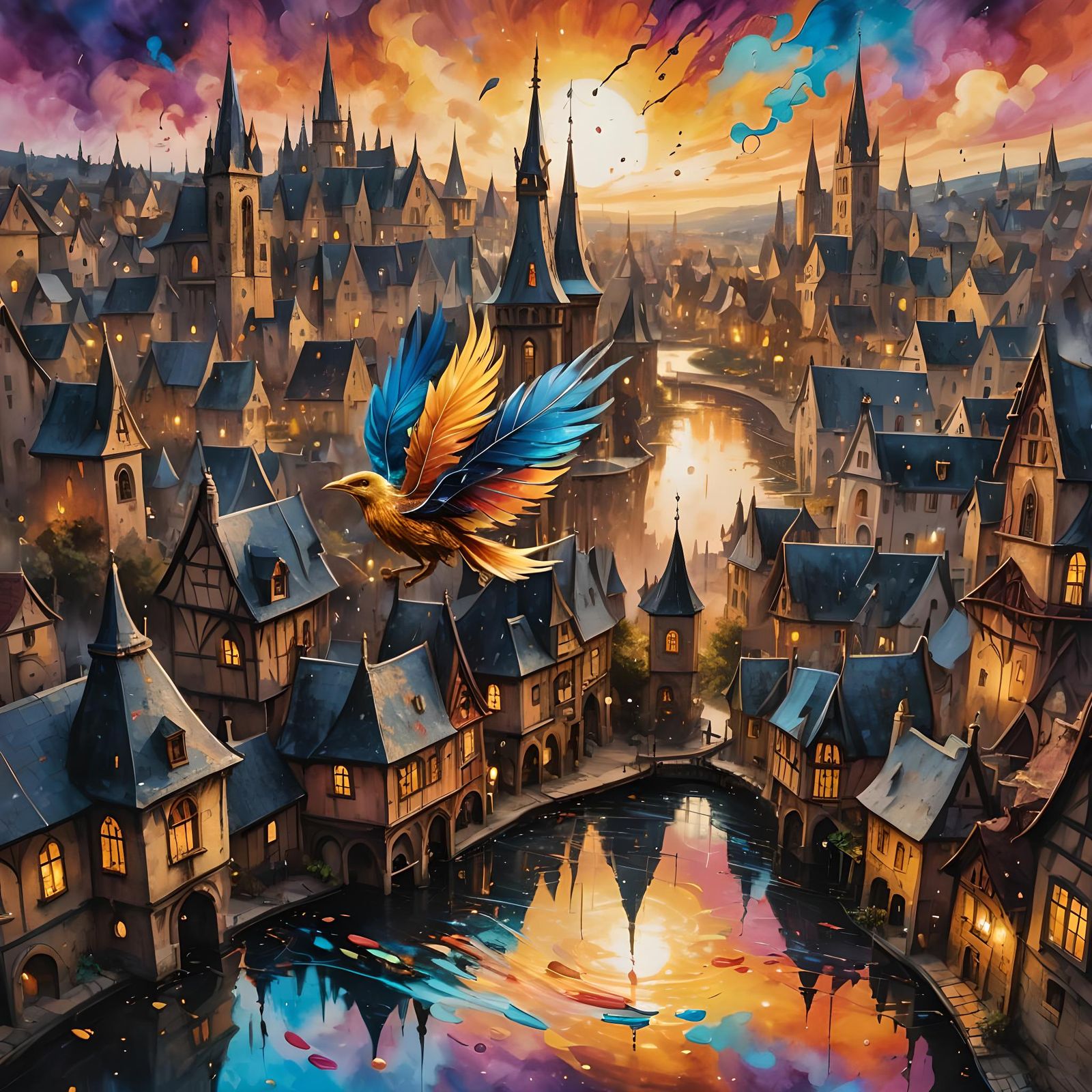 Magical Golden Quill Flying Above Gothic Village