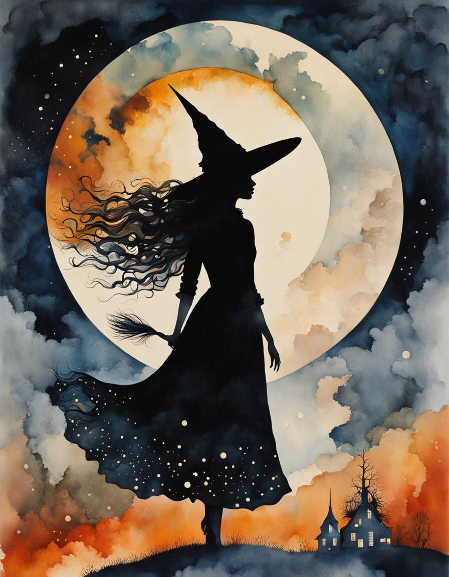 Whimsical Witch Under Moonlight: Watercolor Collage